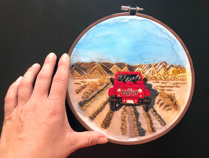 Red Jeep in the rugged Colorado Rocky Mountains Landscape Embroidery Hand Embroidery image 1