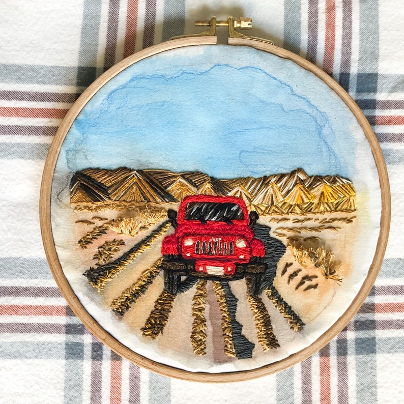 Red Jeep in the rugged Colorado Rocky Mountains Landscape Embroidery Hand Embroidery image 2