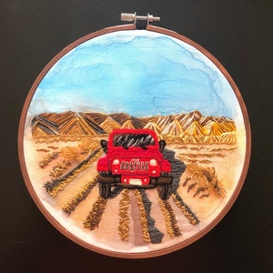 Red Jeep in the rugged Colorado Rocky Mountains Landscape Embroidery Hand Embroidery image 3