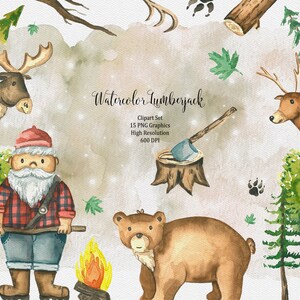 Watercolor Lumberjack Clipart Set, Woodland Animals Clipart, Reindeer Clipart, Trees Clipart, Forest Clipart, Lumberjack PNG Set