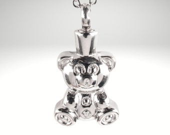 Teddy Bear Cremation Pendant: Stainless Steel Memorial Urn Necklace