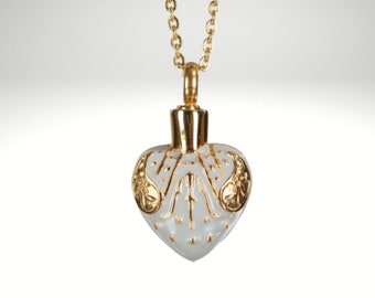 Heart Cremation Urn Necklace: Ivory & Gold Memorial Keepsake