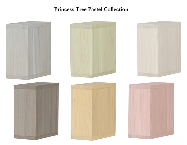 May include: Six wooden boxes in pastel colors: light gray, pale green, off-white, taupe, light yellow, and pink. The boxes are rectangular with a slightly angled top and are part of the "Princess Tree Pastel Collection."