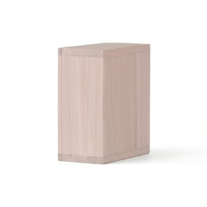 May include: A light-colored, rectangular wooden box with a slightly angled top. The box is made of light-colored wood and has visible wood grain. The box is a simple, minimalist design.