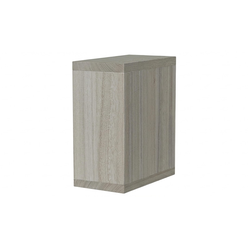 May include: A rectangular wooden cabinet with a light gray wood grain finish. The cabinet is a tall, narrow design, with a flat top and base. The wood grain runs vertically, adding texture to the piece. The cabinet is a neutral color, suitable for various decor styles.