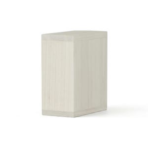 May include: A light-colored, rectangular wooden block with a slightly angled top. The wood grain is visible, and the block appears to be made of multiple pieces joined together. The overall design is simple and modern, suitable for various decorative or functional uses.