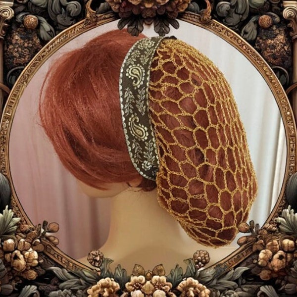 Hairnet crocheted from gold effect yarn *optionally with olive green hairband with gold embroidery *Historical headdress for the Renaissance