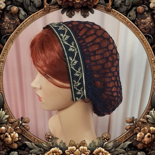 Brokat Haareif mit Haarnetz - dunkelblau / gold *Historische Kopfbedeckung * Renaissance Tudor, Mittelalter, Hexe, cosplay, Karneval, Braut