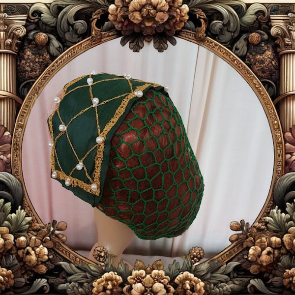 B-Ware: Perlen Kappe mit Haarnetz grün. Handarbeit. Historische Kopfbedeckung Renaissance, Tudor, Mittelalter, Cosplay, Karneval, Fasching