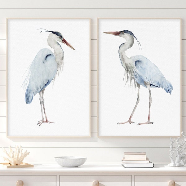 Extra Large Modern Great Blue Herons, Set of 2 Prints, Minimalist Bird Painting, Nursery Wall Decor, Kids Room Art, Watercolor Home Decor