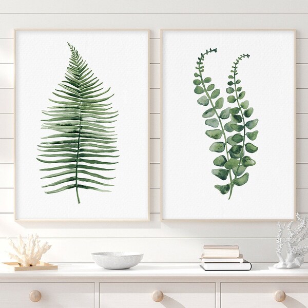 Set van 2 aquarellen, Fern illustratie, natuur muur decor, minimalistische schilderkunst, moderne botanische kunstwerken