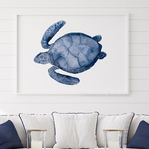 Modern Watercolor Turtle in Navy Blue & Indigo – Minimalist Coastal Wall Decor, Hamptons Art, Extra Large Nautical Poster
