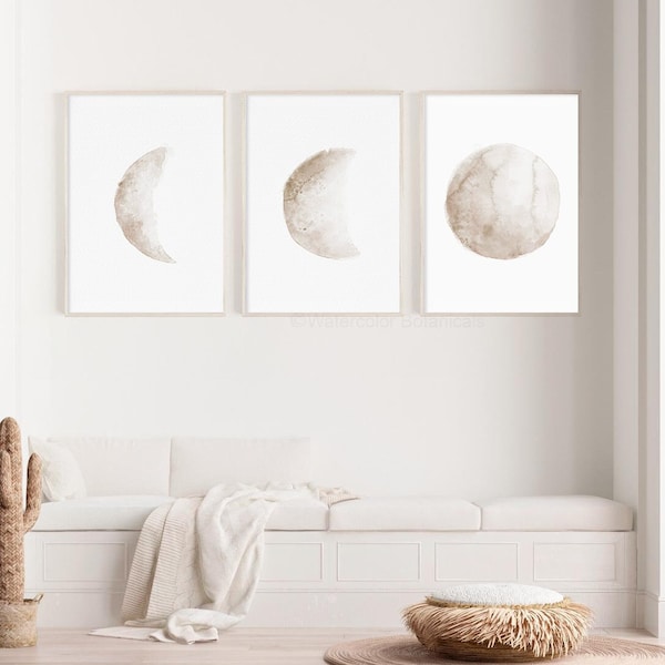 Set of 3 Moon Phases in Neutral Color, Minimalist Wall Decor, Baby Nursery, Kids Art, Large Prints for Master Bedroom, Gift Idea - Daughter