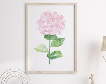 Décoration murale aquarelle, peinture d’hortensia rose blush, fleur minimaliste, art botanique, peinture de plantes, décor de pépinière florale de bébé