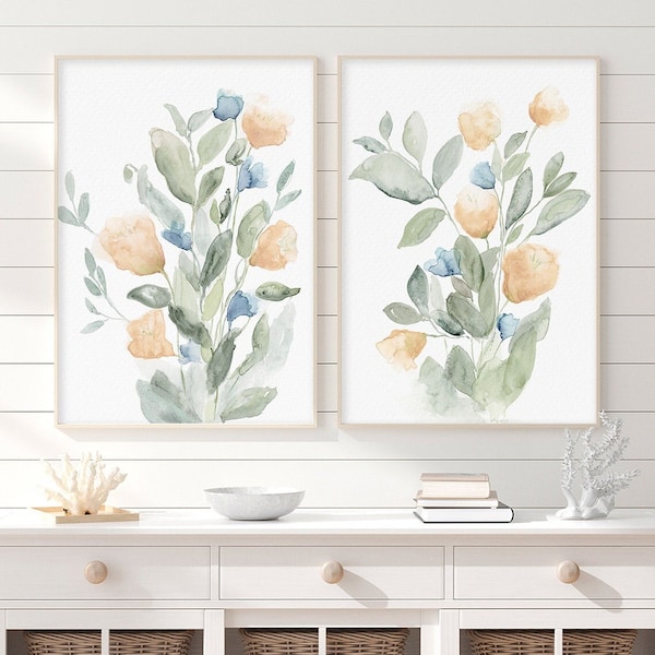 Fleurs abstraites à l’aquarelle moderne sur fond blanc, décor vert sauge et orange saumon, couleurs neutres, ensemble de 2 imprimés, imprimé botanique