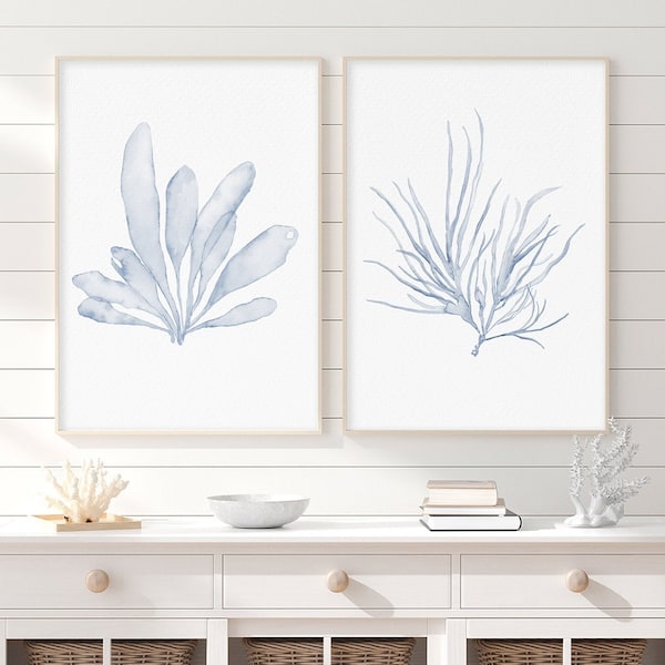 Baby Blue Corals, Minimalist Wall Decor, Seaweed Painting, Set of 2 Prints, Algae, Nautical Home Decor, Boho Art