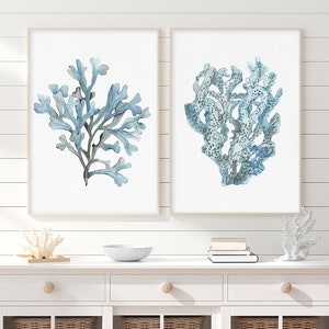 Watercolor Coral & Seaweed, Sky Blue - Muted Blues Sea Fern Painting, Set of 2 Prints, Botanical Nautical Wall Art, Modern Beach House Decor