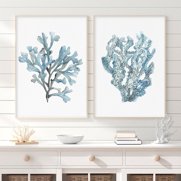 Watercolor Coral & Seaweed, Sky Blue - Muted Blues Sea Fern Painting, Set of 2 Prints, Botanical Nautical Wall Art, Modern Beach House Decor