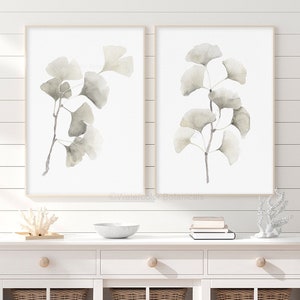 Watercolor Ginkgo Leaves, Neutral Art Set, Beige Gray Wall Art, Minimalist Painting, Ginko Art Print, Branch Painting, Set of 2 Boho Prints