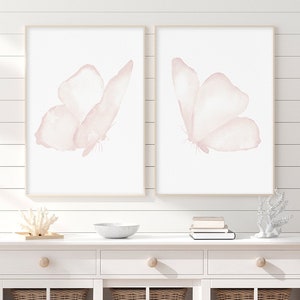 Blush Pink Butterflies, Set of 2 Prints, Minimalist Wall Decor, Extra Large Watercolor Butterflies, Baby Girl Nursery Animal, Light Pastels