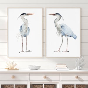 Great Blue Heron - Watercolor Set of 2 Prints, Minimalist Modern Wall Decor, Water Bird Illustration, Coastal House Art, Large Artwork