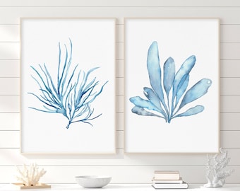 Seaweed Print Navy Blue Indigo Painting Watercolor Art Set of 2 Prints Nautical Wall Decor Beach House Hampton Style Nature Art Sea Fern