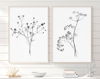 Watercolor Diptych, Black Wild Flowers, Minimalist Watercolor Art, Meadow Flower, Set of 2 Prints, Illustrations, Botanical Farmhouse Poster