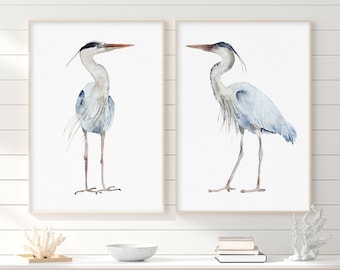 Grand héron - aquarelle lot de 2 impressions, décoration murale moderne minimaliste, illustration d'oiseaux aquatiques, art de la maison côtière, grande oeuvre d'art