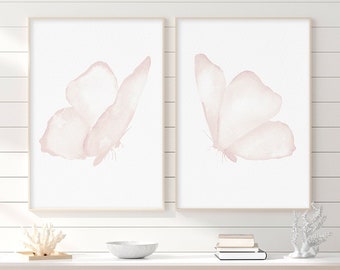 Blush Pink Butterflies, Set of 2 Prints, Minimalist Wall Decor, Extra Large Watercolor Butterflies, Baby Girl Nursery Animal, Light Pastels