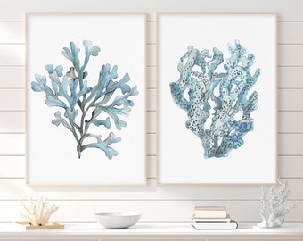 Watercolor Coral & Seaweed, Sky Blue - Muted Blues Sea Fern Painting, Set of 2 Prints, Botanical Nautical Wall Art, Modern Beach House Decor