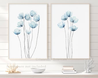Watercolor Baby Blue Flowers Wall Decor Painting Minimalist Flower Botanical Art Print Modern Plant Abstract Floral Art Anemones Buquet