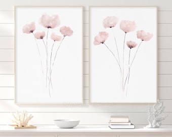 Watercolor Flowers, Pink Rose Gold Abstract Flower Set of 2 Prints, Floral Wall Decor, Minimalist Botanical Print, Poppies, Nursery Wall Art