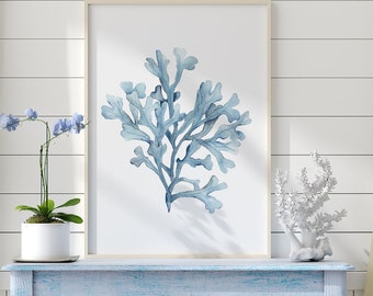 Sky Blue Seaweed, Coastal Minimalist Art, Pastel Painting, Watercolor Corals, Boho Beach House Decor, Baby Blue, Single Print, Poster Large