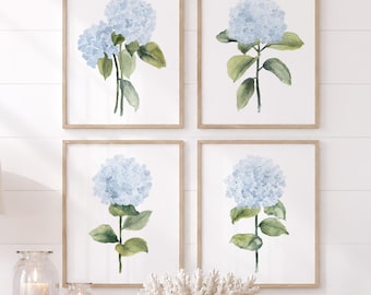 Blaue Hortensie Prints 4er Set Aquarell Blumen Poster - Küsten Kinderzimmer Wandkunst