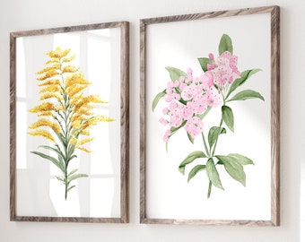 Goldenrod and Mountain Laurel, Art for a Couple, Set of 2 Prints, Watercolor Wall Decor, Minimalistic Artwork, Farmhouse Wall Decor