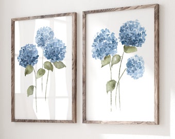 Hamptons Blue Hydrangeas, Set of 2 Prints, Modern Minimalist Flowers, Botanical Abstract Paining, Floral Wall Decor, Watercolor Art