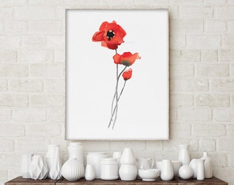 Red Poppy Painting Watercolor Flower Drawing Print Plant Modern Floral Wall Art Nature Nursery Decor Botanical Floral Wall Art Poppies Gray