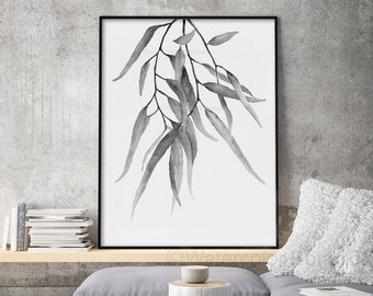 Gray and Black Watercolor Minimalist Eucalyptus, Hanging Branch, Botanical Print, Nature Room Decor