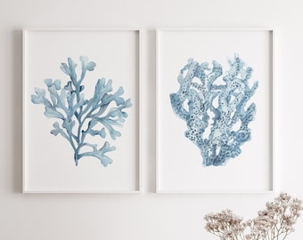 Watercolor Corals, Blue Minimalist Wall Decor, Extra Large Set of 2 Prints, Ocean Plants, Coastal Wall Decor, Hamptons Homes Art, Seaweed