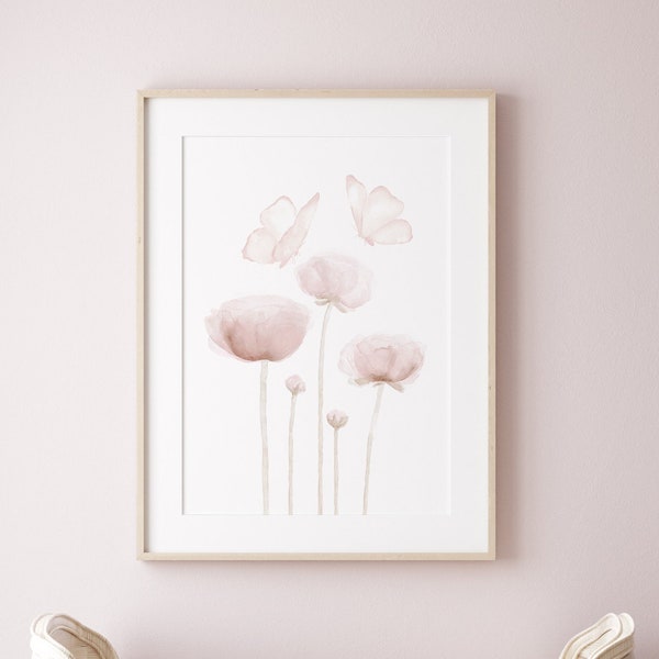 Schmetterlinge und Mohnblumen, Blush Pink Aquarell Kunst, minimalistische Wand-Dekor für Baby Mädchen Kinderzimmer und Frau, Geschenk mit Liebe