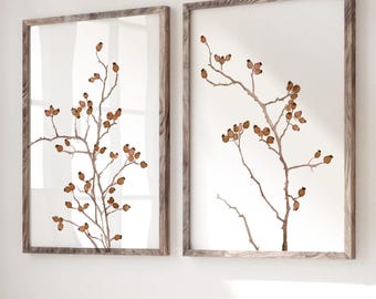 Brown Sienna Rosehip Branch – Set of 2 Botanical Prints – Scandinavian Wall Art