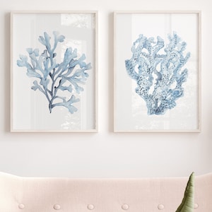 Coralli botanici blu, decorazioni per la casa degli Hamptons, opere d'arte costiere blu cielo, set di 2 stampe, arte di Watercolor Botanicals