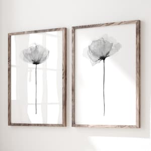 Papavero acquerello, fiore astratto grigio nero bianco, set di 2 stampe, arte murale floreale, fiori minimalisti stampa botanica arredamento moderno per la stanza
