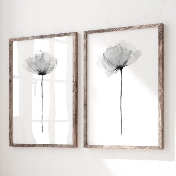 Aquarelle de coquelicot, Fleur abstraite gris noir blanc, Ensemble de 2 estampes, Art mural floral, Fleurs minimalistes Imprimé botanique Décor de chambre moderne
