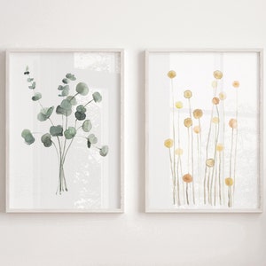Set of 2 Abstract Botanical Prints - Eucalyptus & Craspedia Watercolor Art, Minimalist Decor, Nature Prints, Baby Girl Nursery Art, Modern