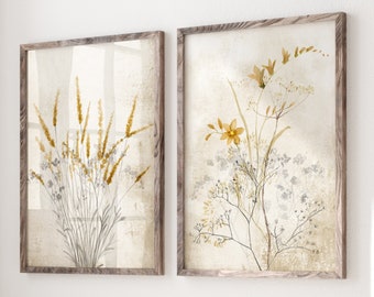 Modern Farmhouse Wall Decor in Boho Rustic Style, Yellow & Gray Artwork, Set of 2 Prints, Botanical Art directly from the Artist