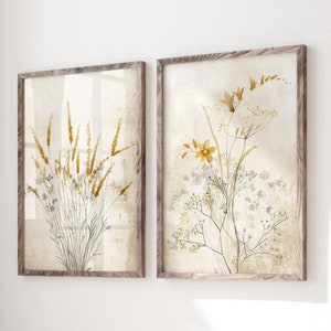 Modern Farmhouse Wall Decor in Boho Rustic Style, Yellow & Gray Artwork, Set of 2 Prints, Botanical Art directly from the Artist