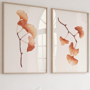 Branches de ginkgo orange terre cuite, fond crème, aquarelle botanique moderne, art mural branche d'arbre, art mural blanc cassé, lot de 2 impressions