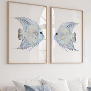 Scalar Fish Poster – Modern Coastal Set of 2 Prints | Light Blue Watercolor Art
