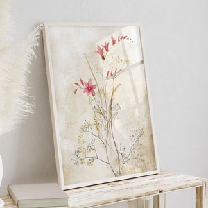 Immagine astratta floreale rossa della fattoria, stampa botanica del cottage, fiori di prato minimalisti su sfondo rustico, arte moderna